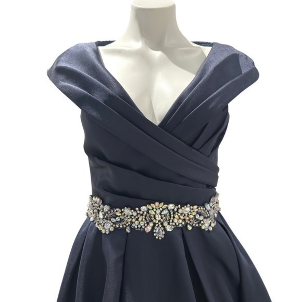 Jovani 25190 Navy Blue 10 Satin Portrait Neck Crystal Waist Evening Gown Dress - Picture 8 of 16